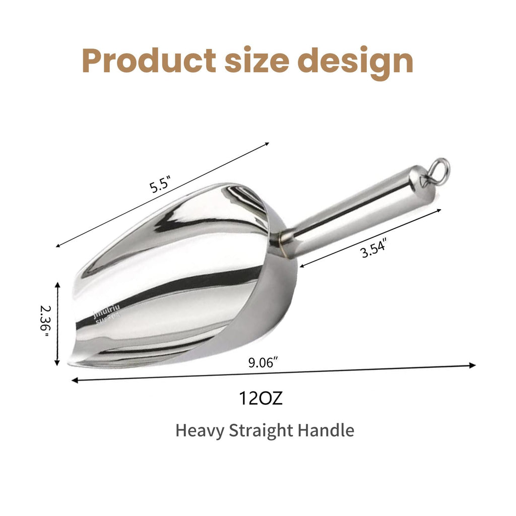 12 Oz 304 Stainless Steel Ice Scoop with Magnetic Hook - Heavy Duty Commercial Ice Shovel for Ice Maker & Freezer, Large Scooper for Bar, Kitchen, Party & Pet Food, Easy to Clean (Silver)