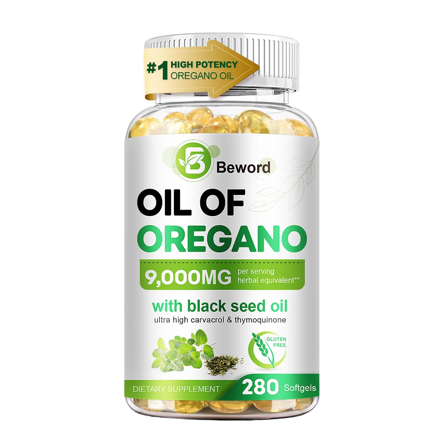 BEWORD Oil of Oregano with Black Seed Oil, 90/280/560/840 Softgels, 9000mg Per Serving – 2-in-1 Oregano Supplement for Immune Health with High Carvacrol & Thymoquinone | Plant-Based, Non-GMO