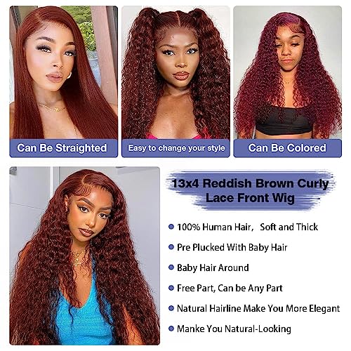 Reddish Brown Lace Front Wigs Human Hair 13x4 Reddish Brown Deep Wave Lace Front Wigs Human Hair for Women Reddish brown Curly Human Hair Wigs Pre Plucked With Baby Hair 180% Density 24inch