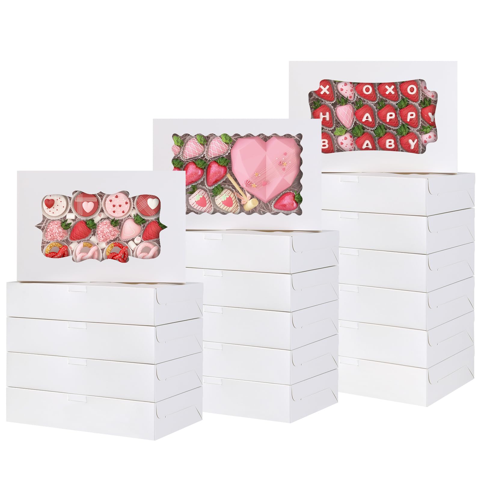TOMNK 60pcs Cookie Boxes with 3 Style Window, 12x8x2.5in White Bakery Boxes