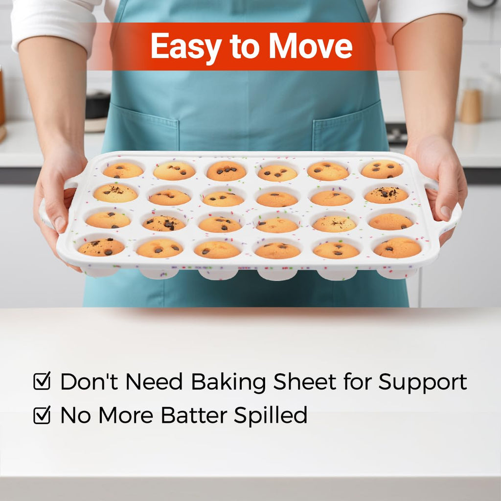 Mini Muffin Pan, Metal Reinforced Frame Mini Cupcake Pans 24 Cups Nonstick Muffin Silicone Molds with Handle for Baking Muffins, Cupcakes, Egg Bites 2 Pack