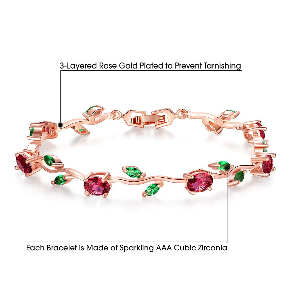 BISAER Mothers Day Gift/Lovely Rose Gold Plated Bracelets with AAA Cubic Zirconia Ruby Flower Emerald Leaf Beautiful Vine Bracelet for Women 7 Inch-Ideal Tennis Bracelets Valentine’s Day Gift