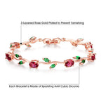 BISAER Mothers Day Gift/Lovely Rose Gold Plated Bracelets with AAA Cubic Zirconia Ruby Flower Emerald Leaf Beautiful Vine Bracelet for Women 7 Inch-Ideal Tennis Bracelets Valentine’s Day Gift