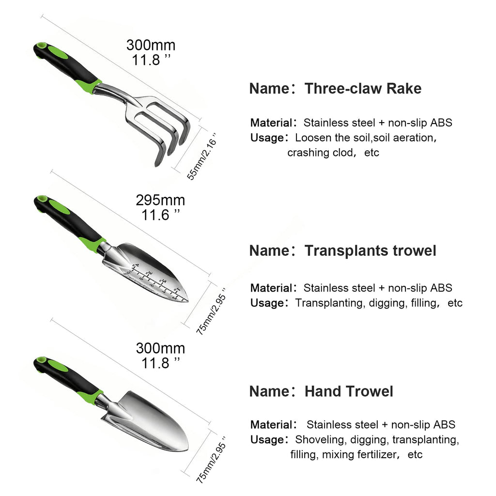 Gardening Hand Tool Set 3 Pack - MDSXO Heavy Duty Gardening Kit with Non-Slip Soft Ergonomic Handle, Great Garden Gift for Women Men[Stainless Steel]