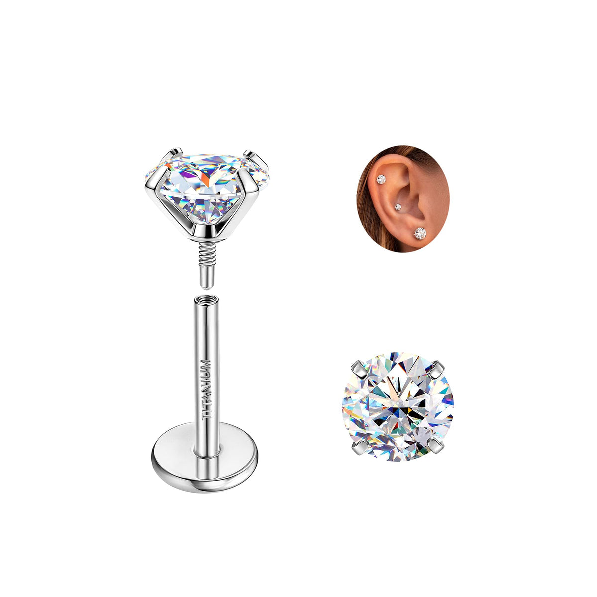 GEMQUEEN Moissanite ＆ G23 Implant Grade Titanium Flat Back Earrings 1CT