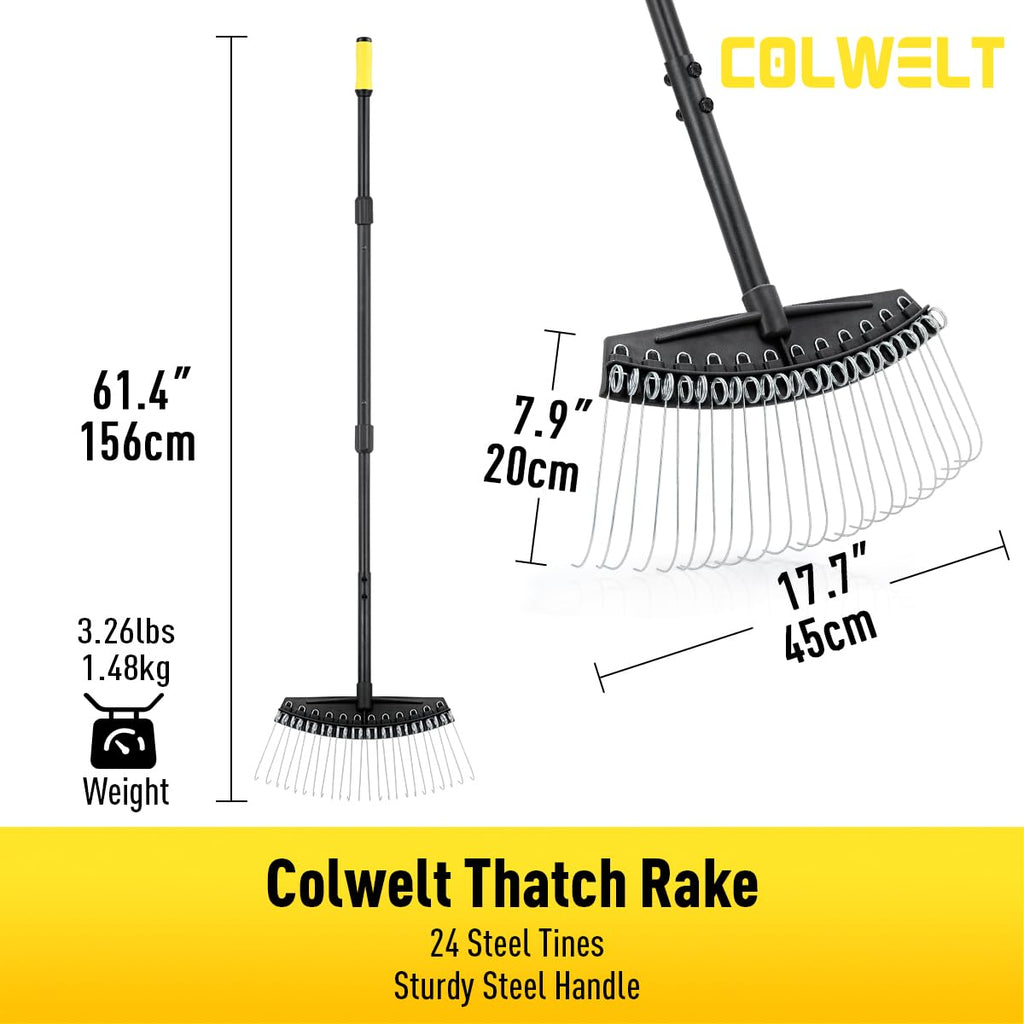 Colwelt Thatch Rake, Dethatcher Rake with Thin, Curved Spring Steel Tines, Dethatching Thatching Rake for Lawns with 61’’ Steel Handle, Lawn Tine Rakes for Pine Needles, Dead Grass, Garden Debris
