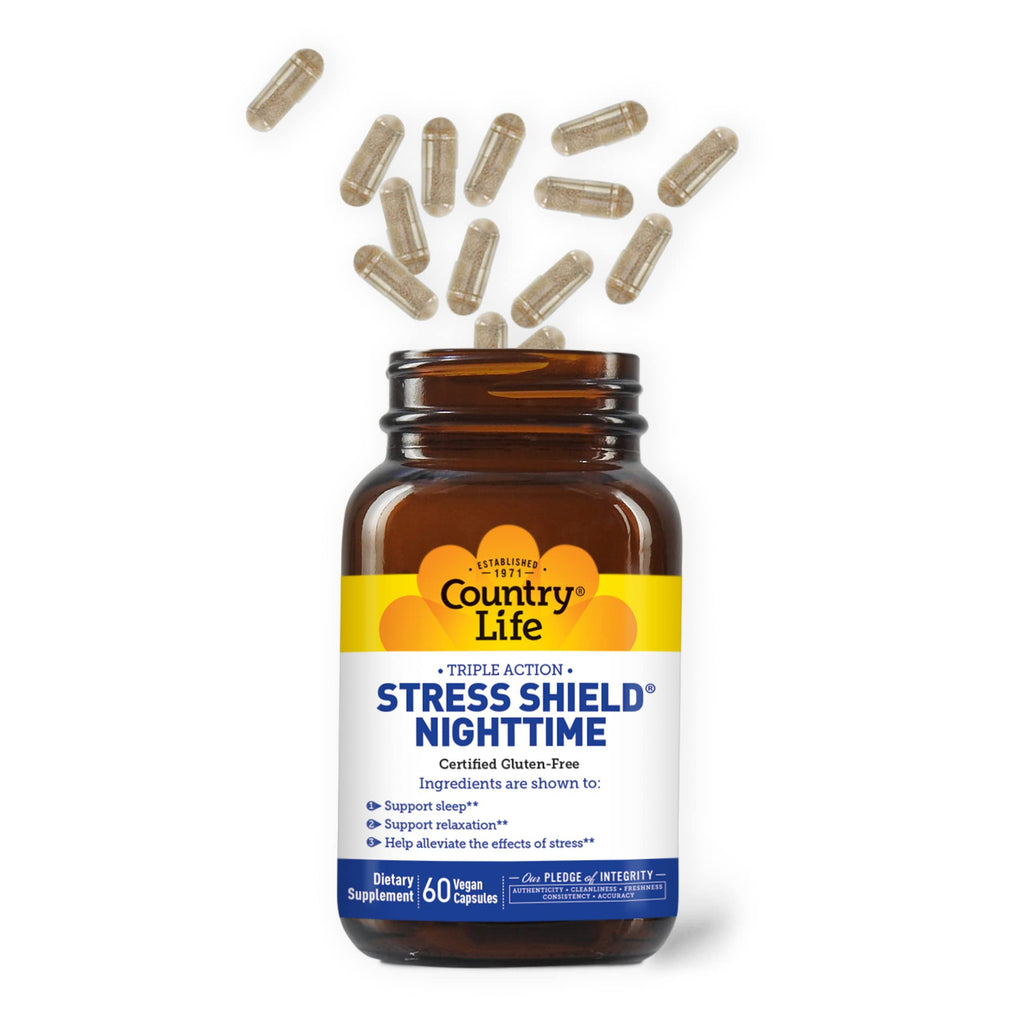 Country Life Stress Shield Nighttime – Stress & Relaxation Support Supplement – Sensoril® Ashwagandha, GABA & L-Theanine – Magnesium & Vitamin B5 – Gluten Free, Vegan – 60 Vegetarian Capsules