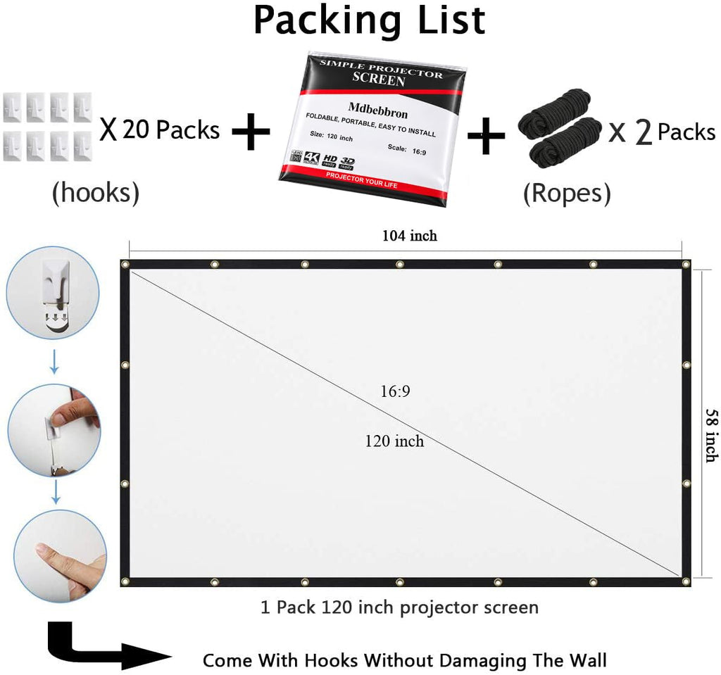 Mdbebbron 120 inch Projector Screen 16:9 Foldable Anti-Crease Portable Projector Movies Screens for Home Theater Outdoor Indoor Support Double Sided Projection