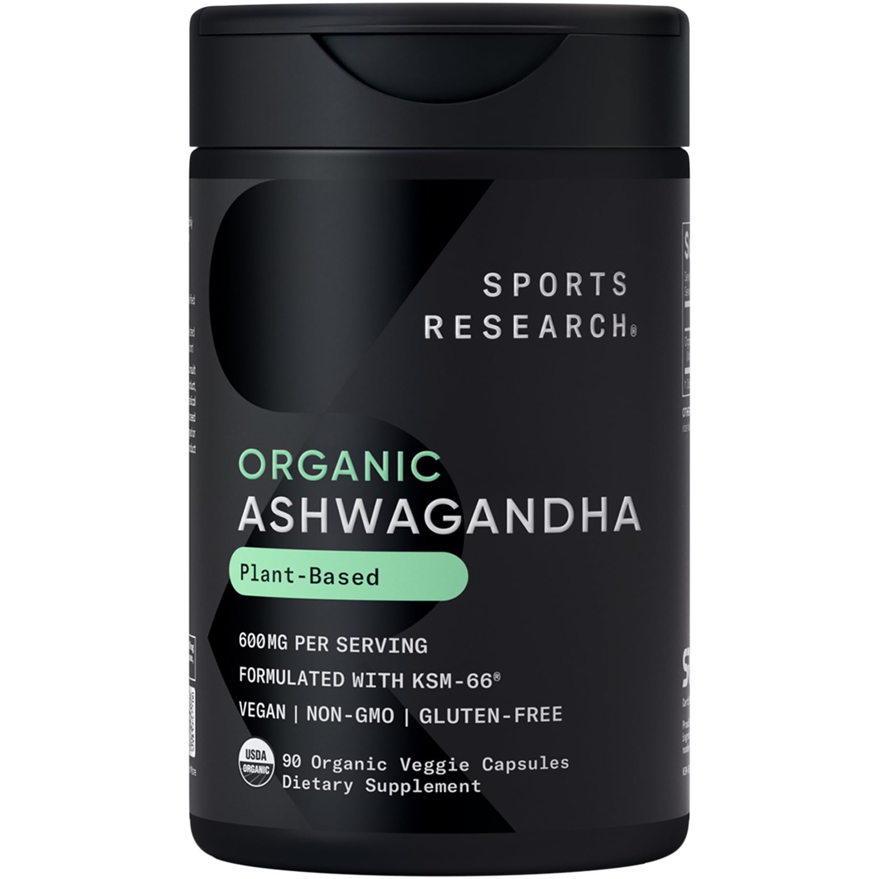 Sports Research® Ashwagandha w/Organic KSM-66® – 600 mg – Adaptogen for Relaxation, Calm & Sleep Support – USDA Organic · Non-GMO ­· Vegan Certified – 90 Veggie Capsules