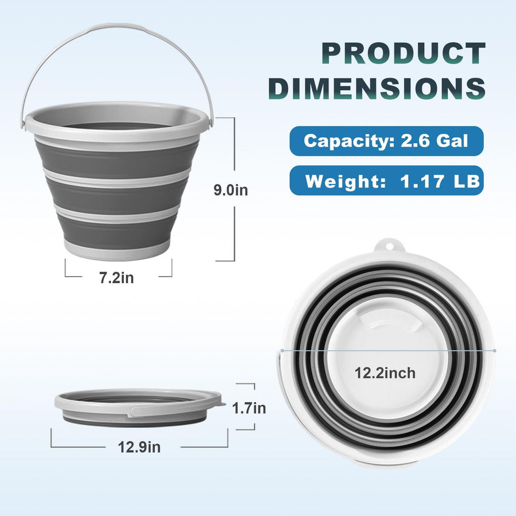 Gronivex Collapsible Bucket 2.6 Gallon, Portable & Space-Saving for Car Wash, Camping, RV, Multi-Purpose Cleaning Bucket, BPA Free