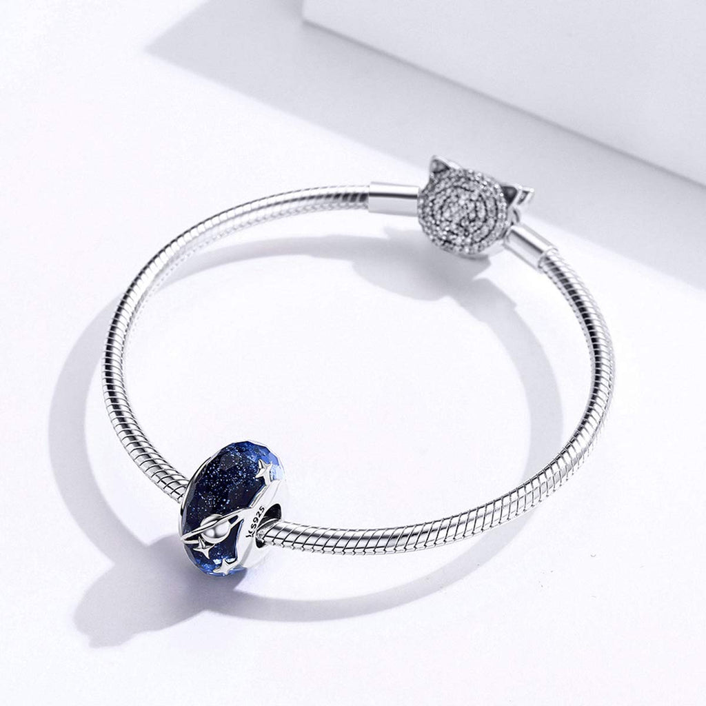 BISAER 925 Sterling Silver Murano Glass Charms Lampwork Star Beads Charm for Bracelet Blue Planet