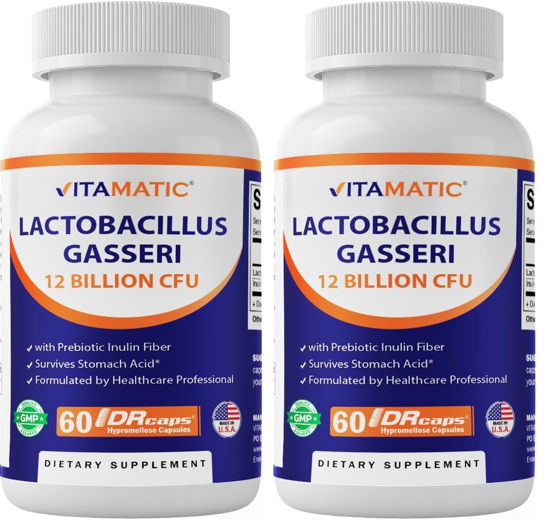 Vitamatic Lactobacillus Gasseri - 12 Billion per DR Capsule - 60 Count - Digestive Support - Made with Prebiotic Inulin Fiber (Pack of 2)