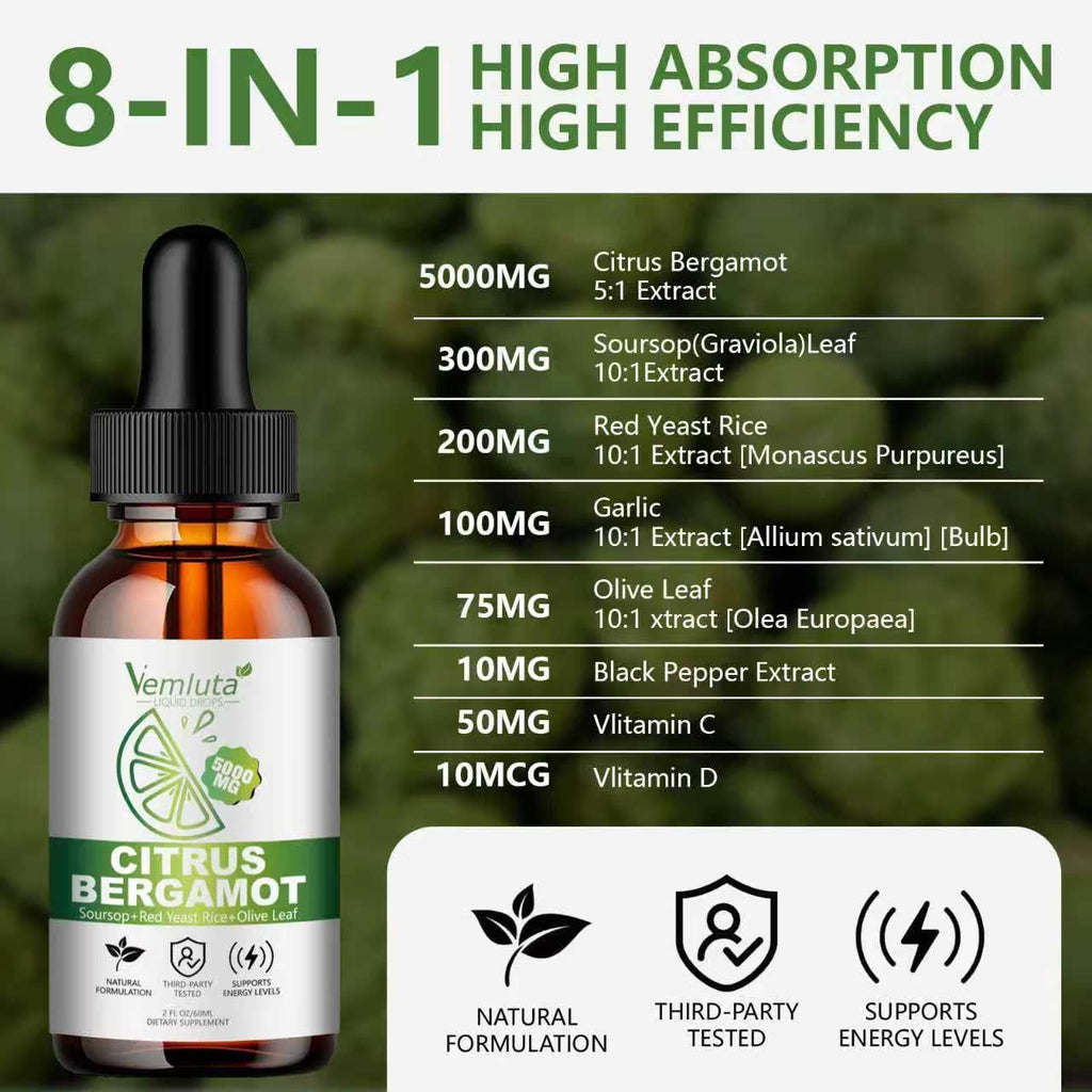 2 Packs 5000mg Citrus Bergamot Liquid Drops-2X Absorption- Cholesterol Lowering Supplement w Soursop, Red Yeast Rice, Olive Leaf, Hight Cholesterol -Soursop Bitters Liquid-Heart & Immune Support