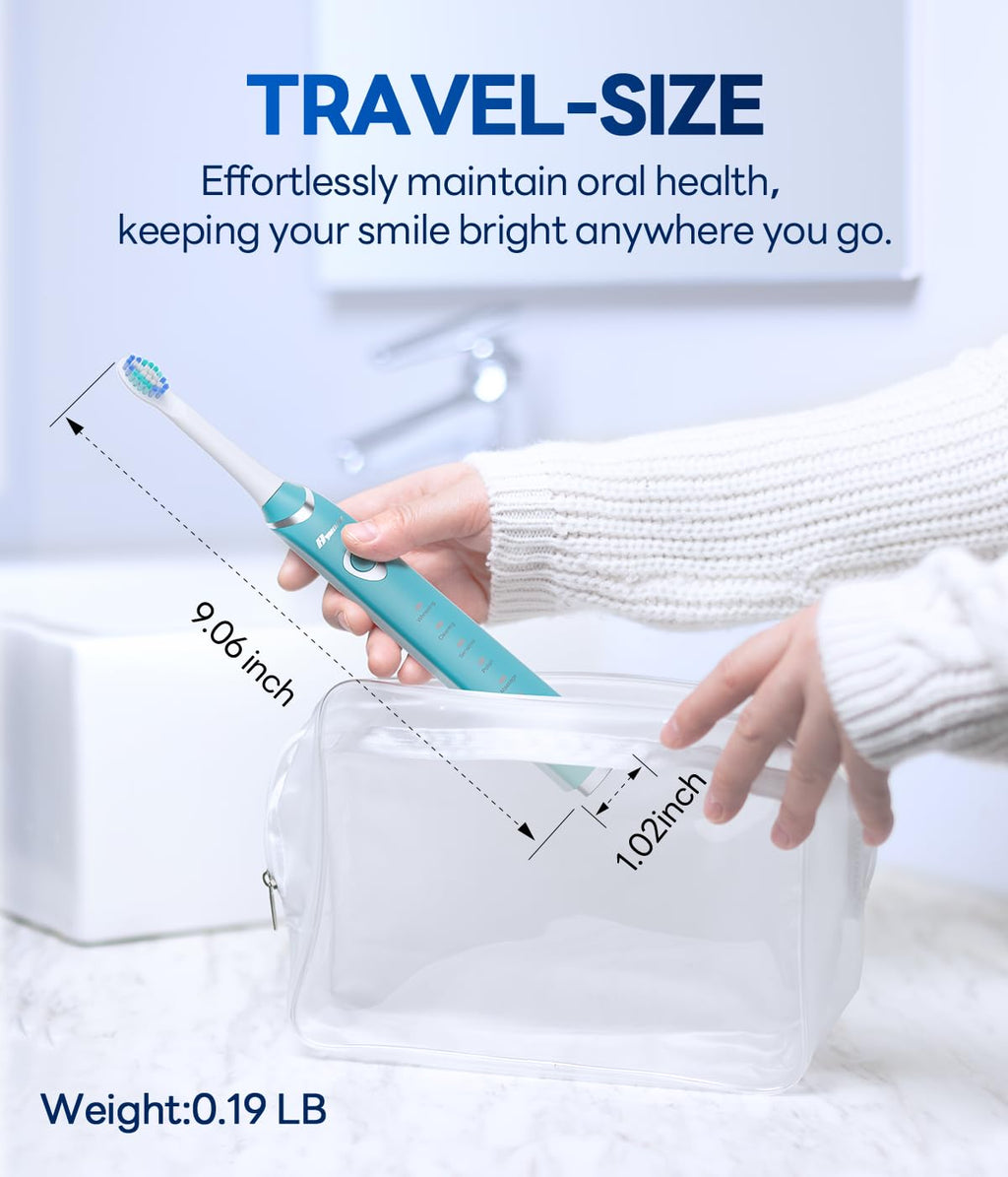 Bymore Electric Toothbrush for Adults,Travel Sonic Toothbrush with 8 Replacement Heads, Ultra Clean RechargeableToothbrush Portable One Charge for 330days 5 Modes 2mins Timer-Cyan Blue