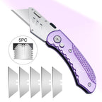 Vickay Folding Utility Knife, Box Cutter with 5 SK5 Quick Change Blades, Safety Axis Lock Design Razor Knife, Lightweight Aluminum Handle Belt Clip for Office Home Artcraft （Light Purple)