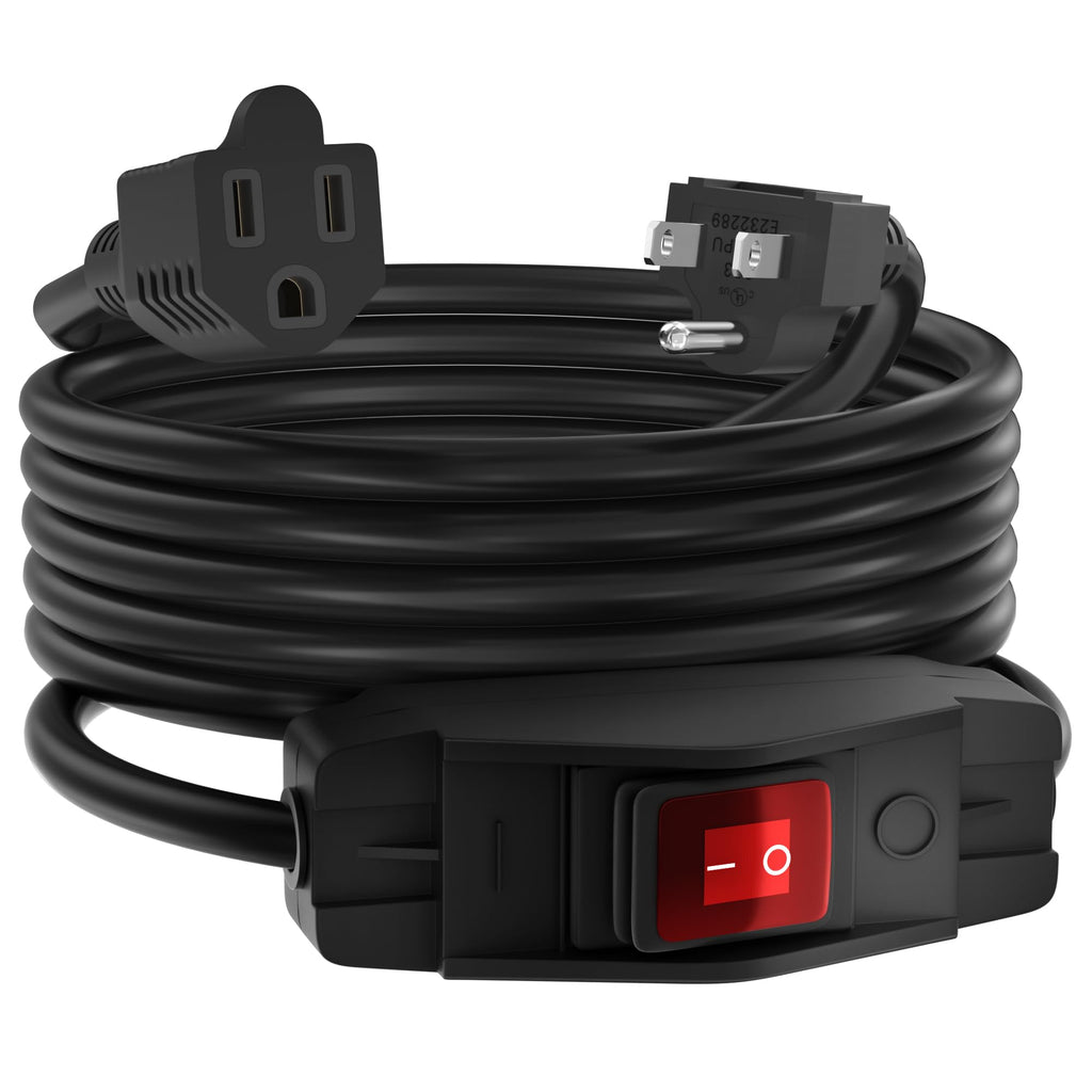 Joinfworld Switched Extension Cord 16 Ft Outdoor 14 AWG 3 Prong Heavy Duty Extension Cord with Switch On/Off 15A 125V Waterproof Lighted Extension Cord Inline Power Switch for Electrical Equipment