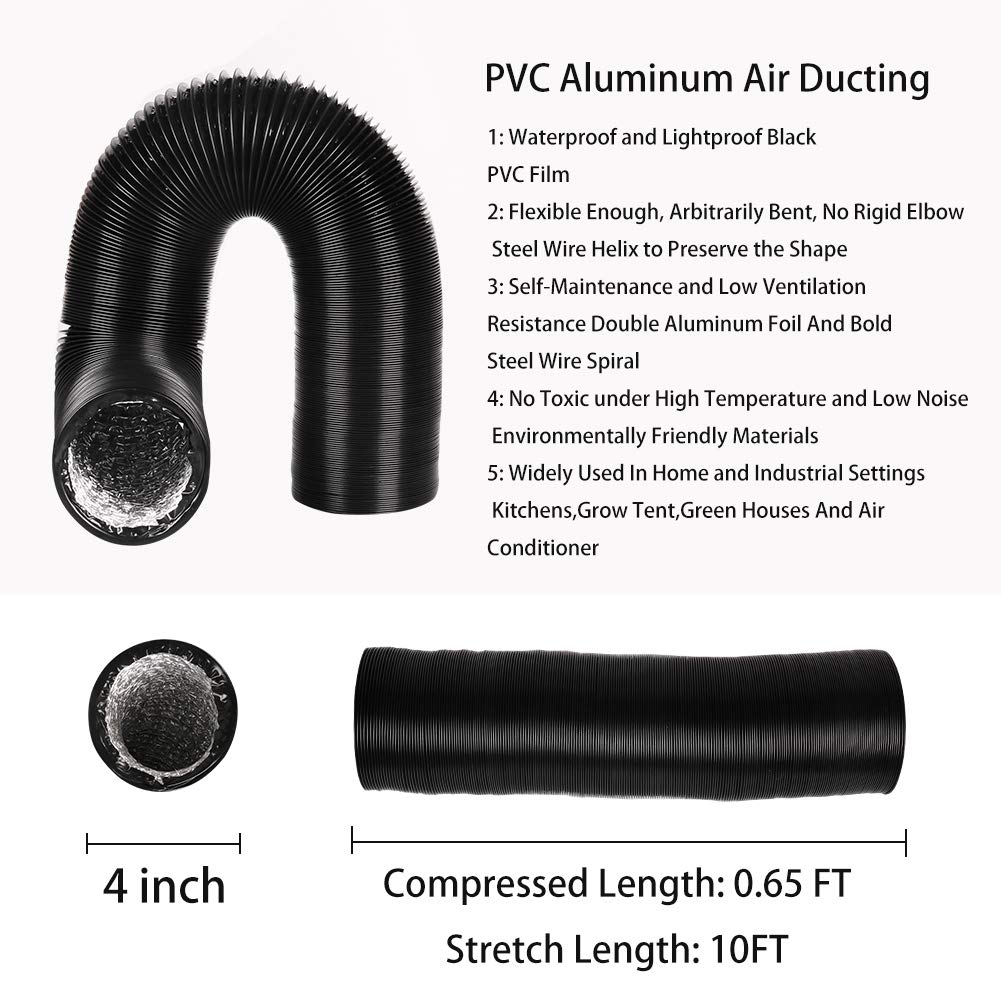 4Inch 10FT Long Flexible Aluminum Air Ducting, Heavy-Duty Black 4 Layer Dryer Vent Hose, Dryer Duct for HVAC Ventilation,Duct Fan Systems, 2 Stainless Steel Clamps Include