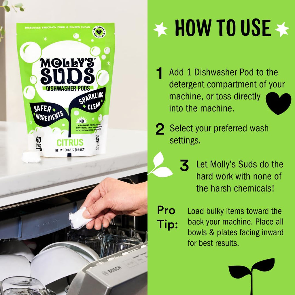 Molly's Suds Dishwasher Pods | Clean Dishwasher Detergent, Cuts Grease & Rinses Clean (Residue-Free) for Sparkling Dishes | 60 Auto-Release Tabs (Citrus)