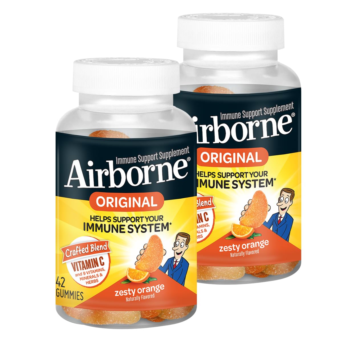 Airborne 750mg Vitamin C Immune Support Supplement Gummies for Adults, Zesty Orange Flavor, Gluten Free Crafted Blend with Powerful Antioxidants Vitamins C & E, 42 Gummies (2 Pack)