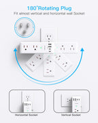 Surge Protector Outlet Extender with Rotating Plug, 6 AC Multi Plug Outlet with 4 USB Ports (3 USB C), 1800 J, 3-Sided Swivel Power Strip with Spaced Outlet Splitter for Dorm Office, White-2 Pack