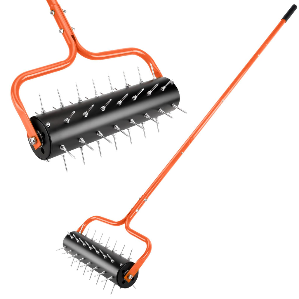 Senjoys 21" Rolling Lawn Aerator, 45 Preassembled Spikes, Only Needs 3-5 Minutes to Assemble, No Looseness, Good Package, 75" Long Handle with Quick Clip Connections, U-Shape Construction - Orange.
