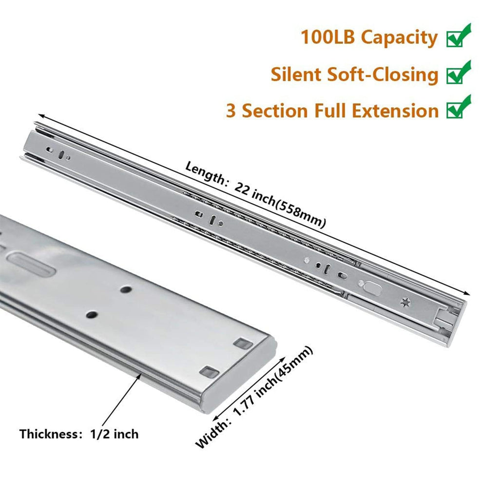 LONTAN 15 Pairs 22 Inch Soft Close Drawer Slides Heavy Duty Dresser Drawer Glides Metal Ball Bearing Full Extension Kitchen Cabinet Rails 100 LB Capacity