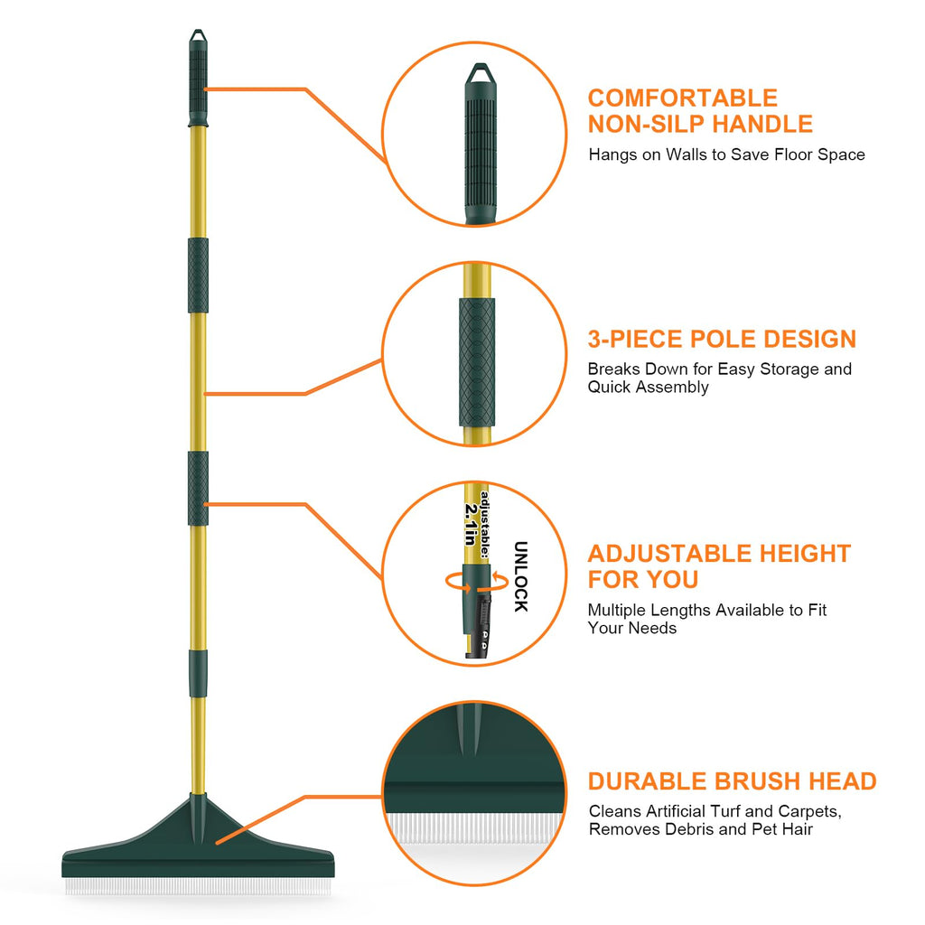 Artificial Turf Rake with Steel Telescopic Handle, 32 to 55 Inch 3 Piece-Pole Easy Storage Design, Garden Hand Boom Rake for Artificial Grass, Carpet Pet Hair, Lawn Leaves and Debris Remove, Yellow
