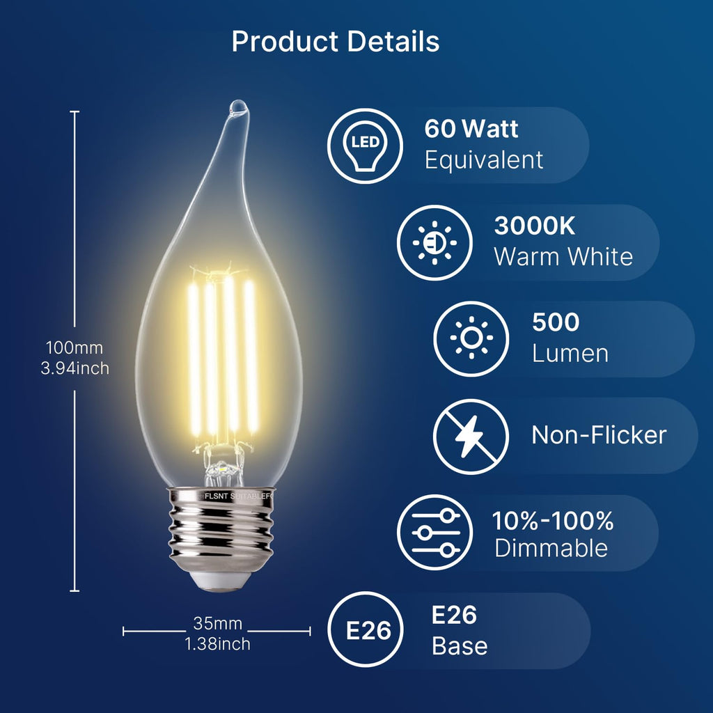 FLSNT 3000K Warm White LED Chandelier Edison Bulbs, 60W Equivalent, Dimmable CA11 E26 Base LED Candelabra Bulbs, 500LM, 24 Pack UL,CA65 Listed.