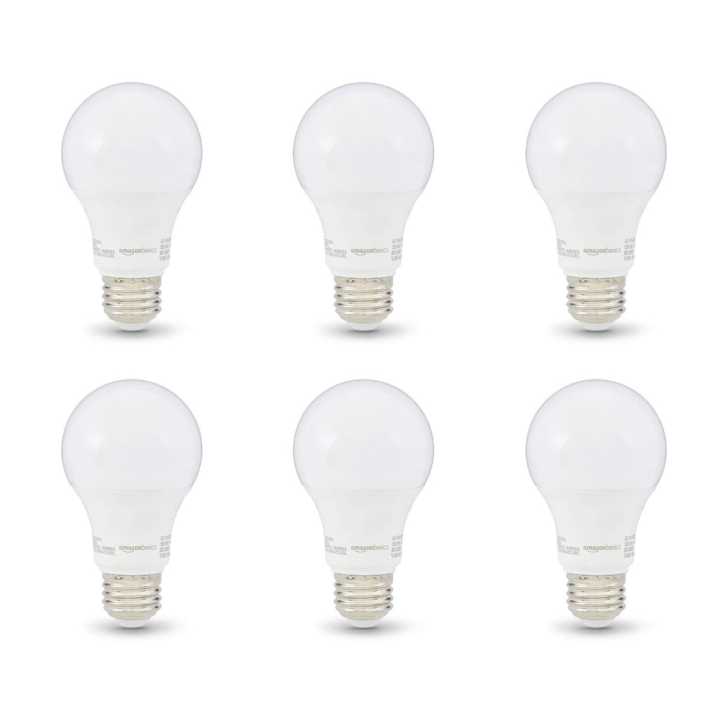 Amazon Basics Non-Dimmable LED Light Bulbs, Great Brightness, 40W Equivalent, 6W, E26 Standard Base, 2700K, 10,000 Hour Lifetime, Soft White A19, 6-Pack