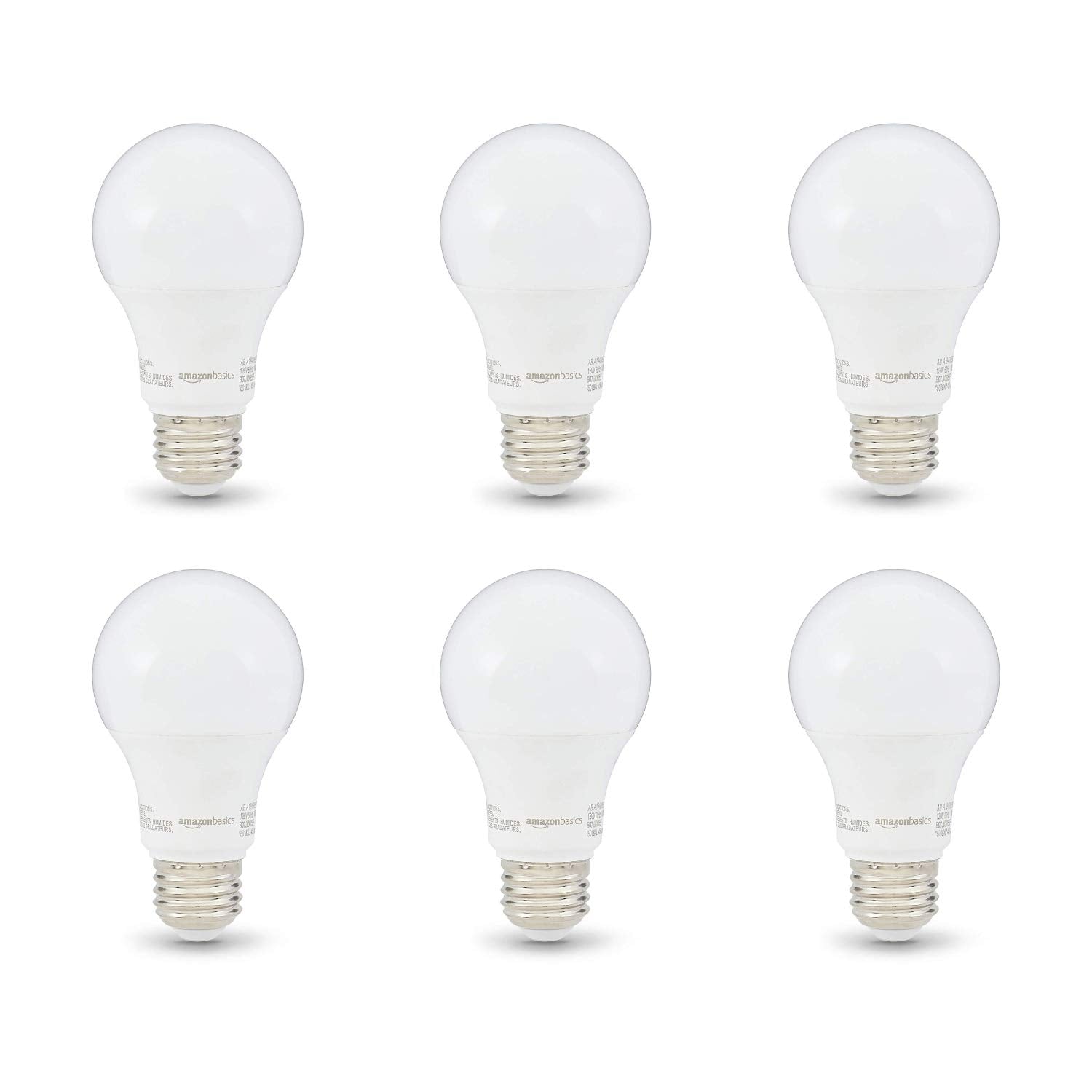 Amazon Basics Non-Dimmable LED Light Bulbs, Great Brightness, 40W Equivalent, 6W, E26 Standard Base, 2700K, 10,000 Hour Lifetime, Soft White A19, 6-Pack