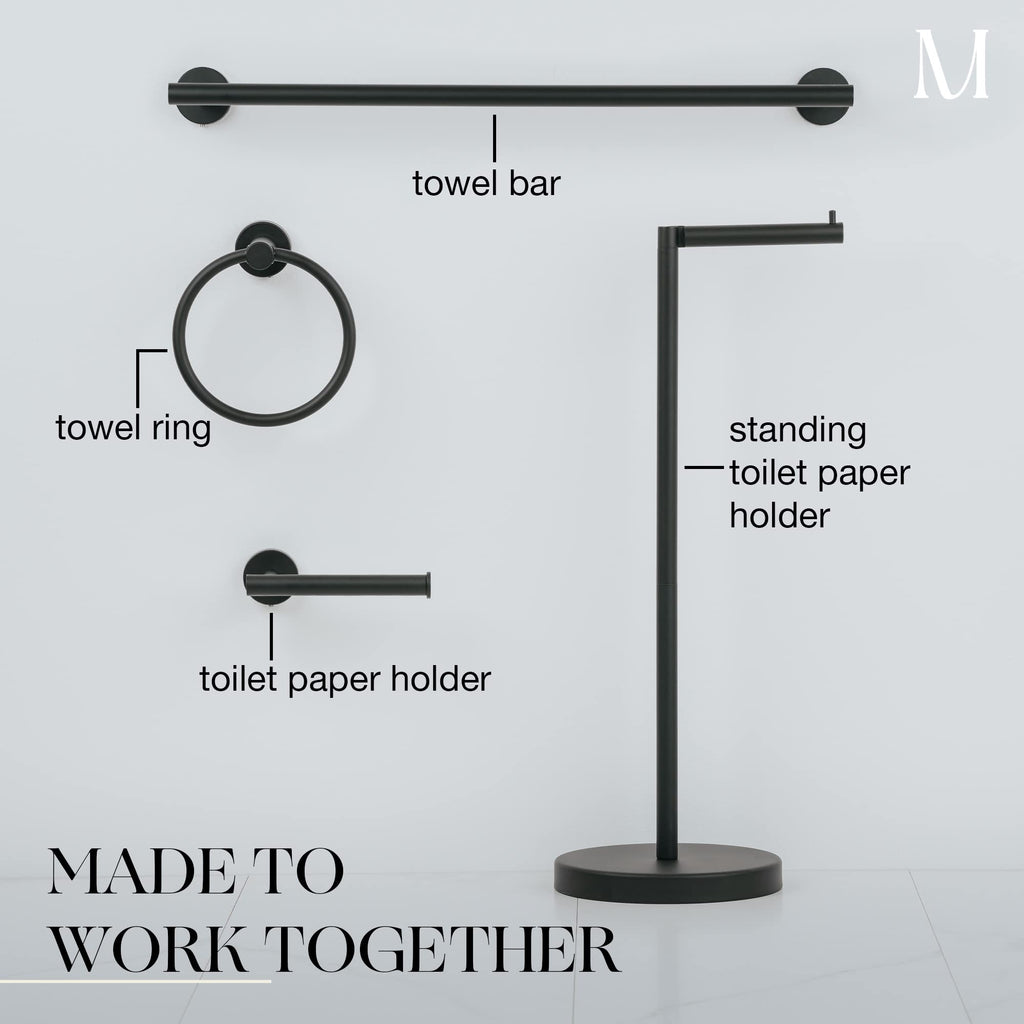 Marmolux Acc 2 PCS Matte Black Bathroom Hardware Set - Hand Towel Holder for Bathroom Wall + Black Toilet Paper Holder Wall Mount | Towel Holder Hanger Rack Stainless Steel Bathroom Set - Towel Rack