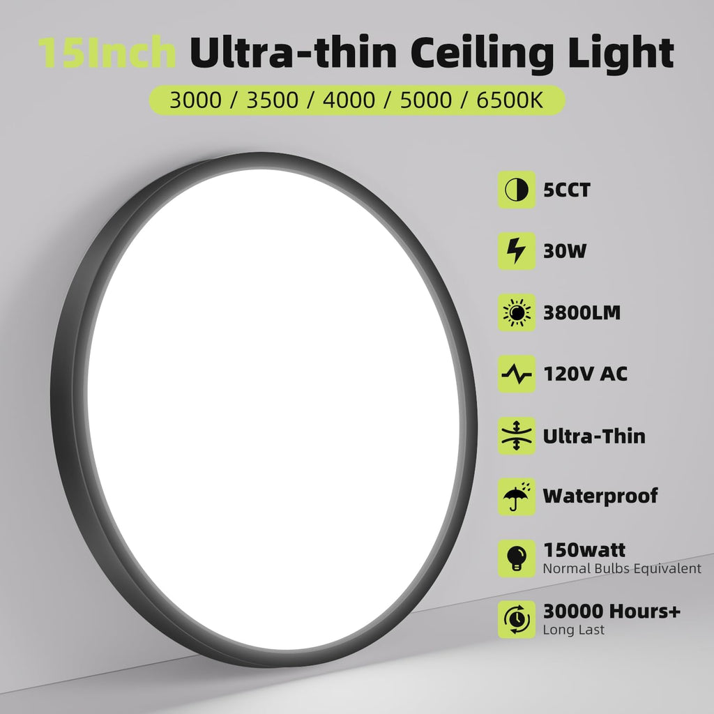 hepside LED Flush Mount Ceiling Light, 15Inch 30W LED Ceiling Lights Fixture,5 Color Temperatures in One,Ultra-Thin Flush Mount Light Fixture for Closet Bathroom Hallway Bedroom Laundry