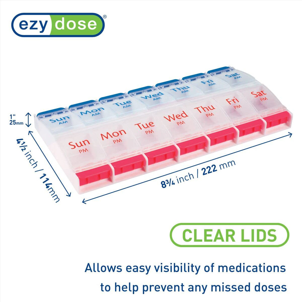 EZY DOSE Push Button (7-Day) Pill Case, Medicine Planner, Daily Vitamin Organizer, 2 Times a Day AM/PM, Large Compartments, Arthritis Friendly, Easy to Use, Clear Lids, Red/Blue, BPA Free