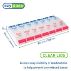 EZY DOSE Push Button (7-Day) Pill Case, Medicine Planner, Daily Vitamin Organizer, 2 Times a Day AM/PM, Large Compartments, Arthritis Friendly, Easy to Use, Clear Lids, Red/Blue, BPA Free