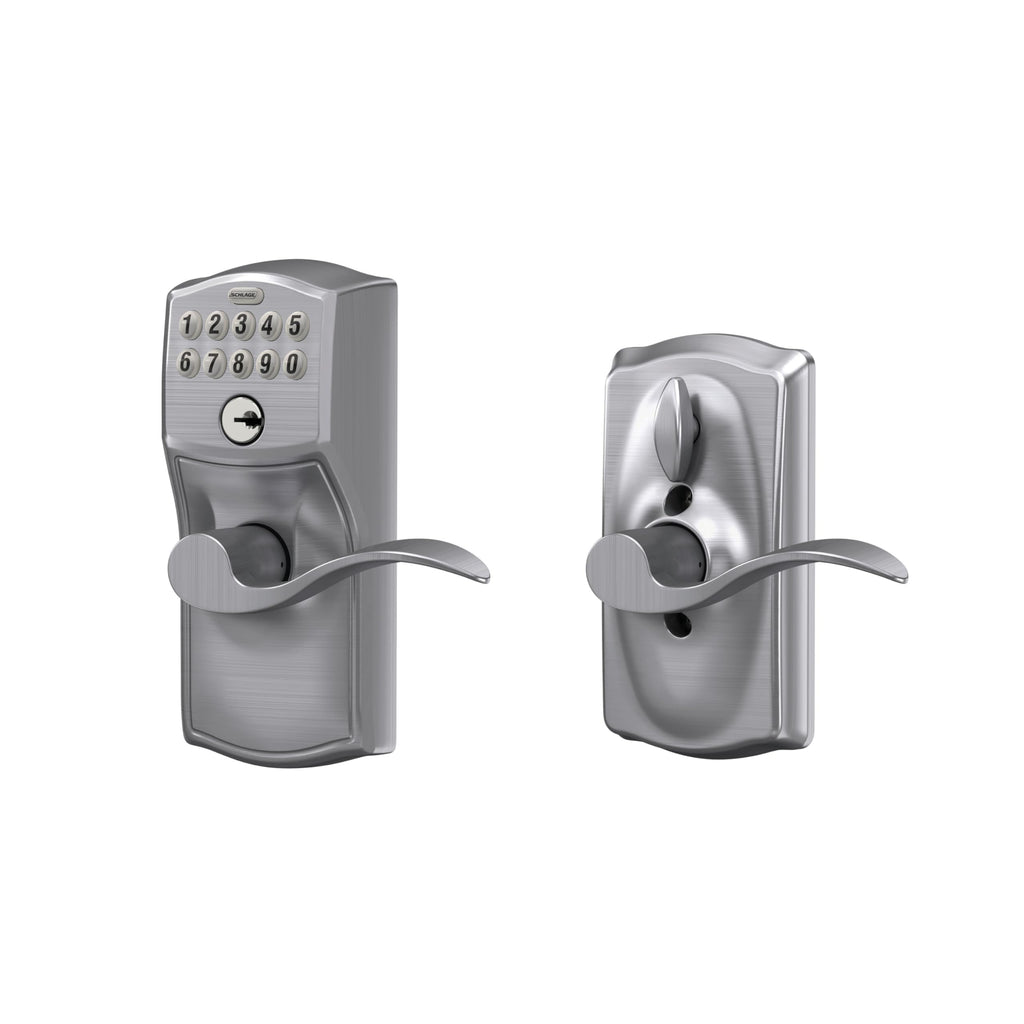Schlage Camelot Keypad Lock with Lever Handle, Electronic Keyless Door Entry, Flex Lock Auto‑Lock Option, Satin Chrome, FE595 CAM 626 ACC
