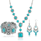 Bluegoog 3 Pieces Bohemian Turquoise Necklace for Women Western Jewelry Boho Necklace Set Vintage Pendant Long Choker Alloy Turquoise Dangle Earrings Layered Bracelets