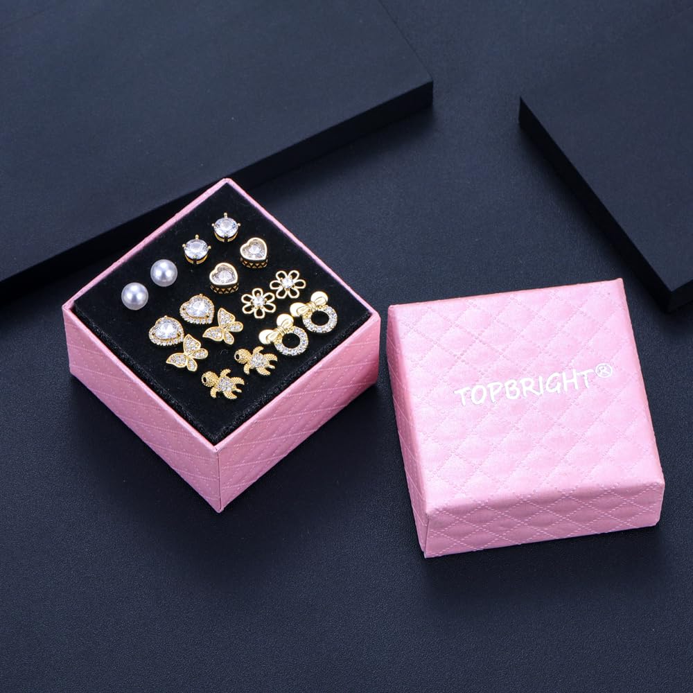 TOPBRIGHT 8 Pairs S925 Sterling Silver Stud Earrings Hypoallergenic Earrings with 18k Gold Plated Heart CZ Tiny Butterfly For Kids, Toddlers, Little Girls, Teens, Women