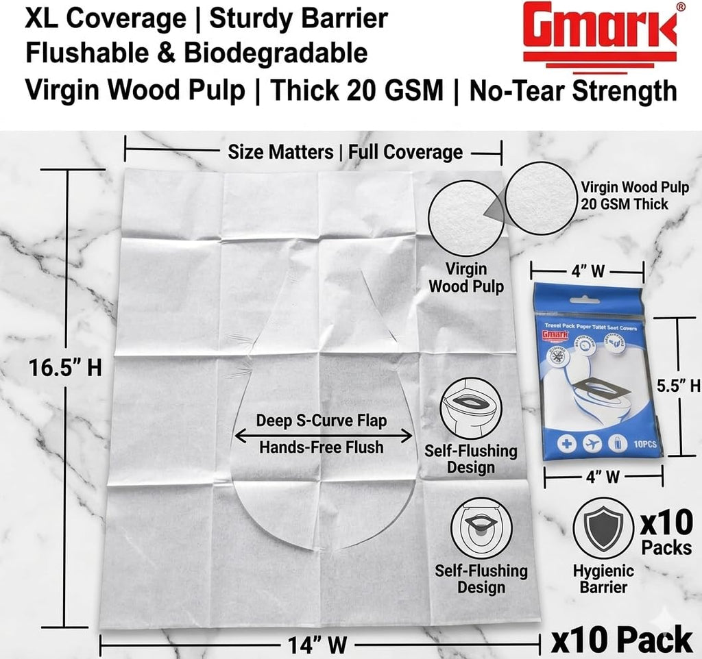 Gmark XL Flushable Toilet Seat Covers (100 Count) – Thick No-Tear Virgin Paper – Disposable Travel Packs for Airplane, Camping, & Potty Training – Biodegradable & Strong (10 Packs) GM2002A