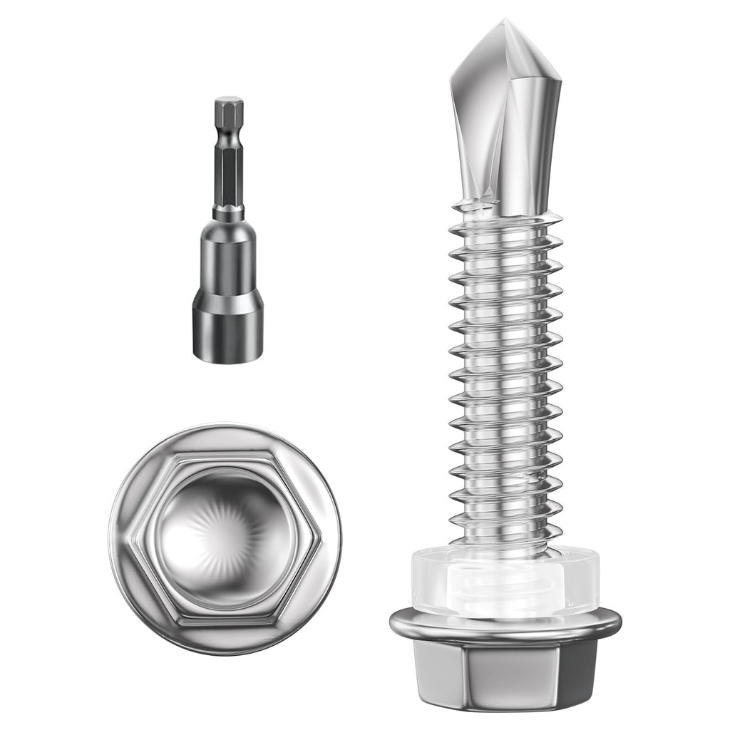 Wensilon (300Pcs) #12×1" Hex Washer Head Self Drilling Screws, 410 Stainless Steel Metal SheetScrews，TEK Screws, Sheet Metal Self Tapping Screws