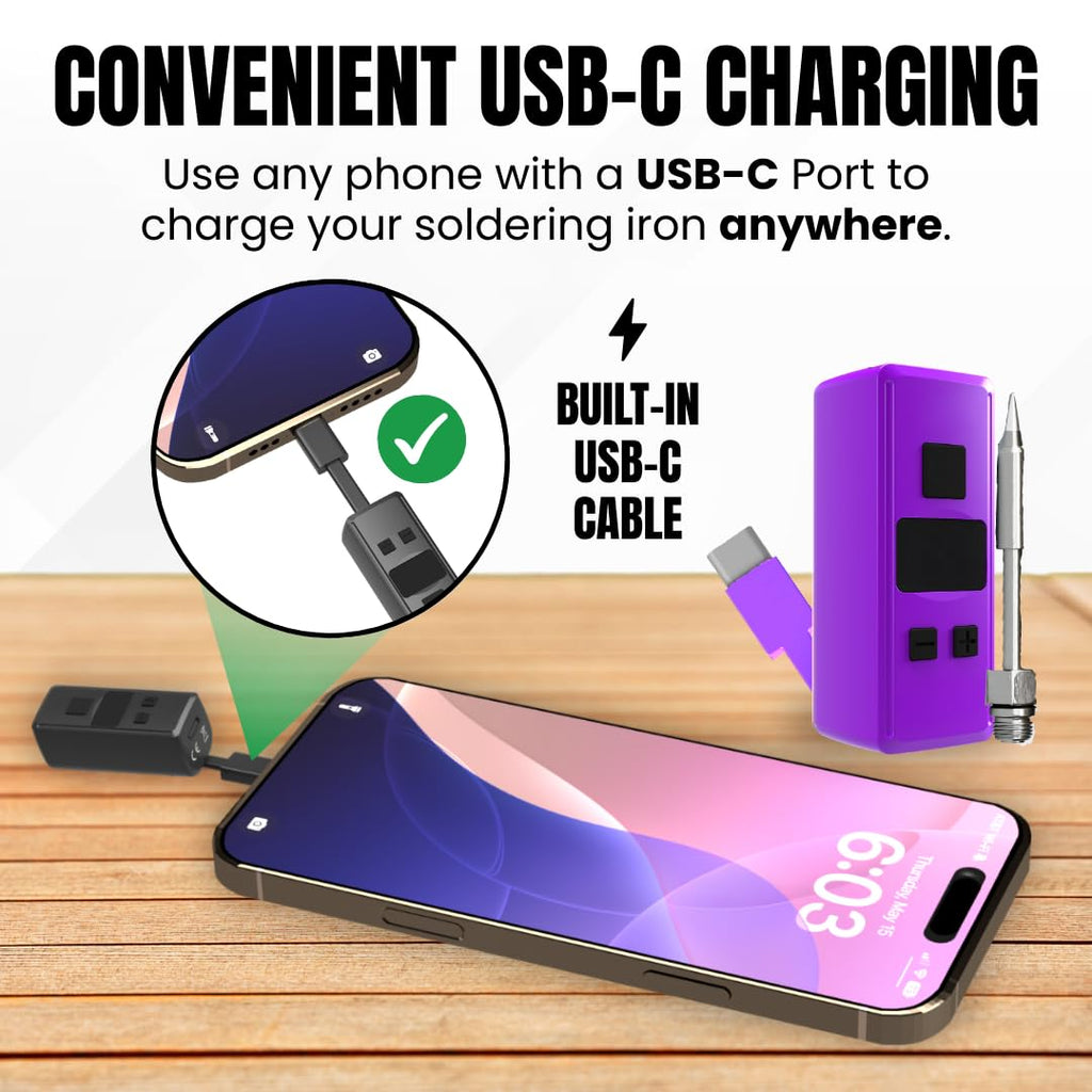 Mini Rechargeable Soldering Iron Pen, with Built-In USB C Battery Cable, Adjustable Voltage 1.5v-4.2v, LED Display, Removable Thread Burner Tip (Purple)