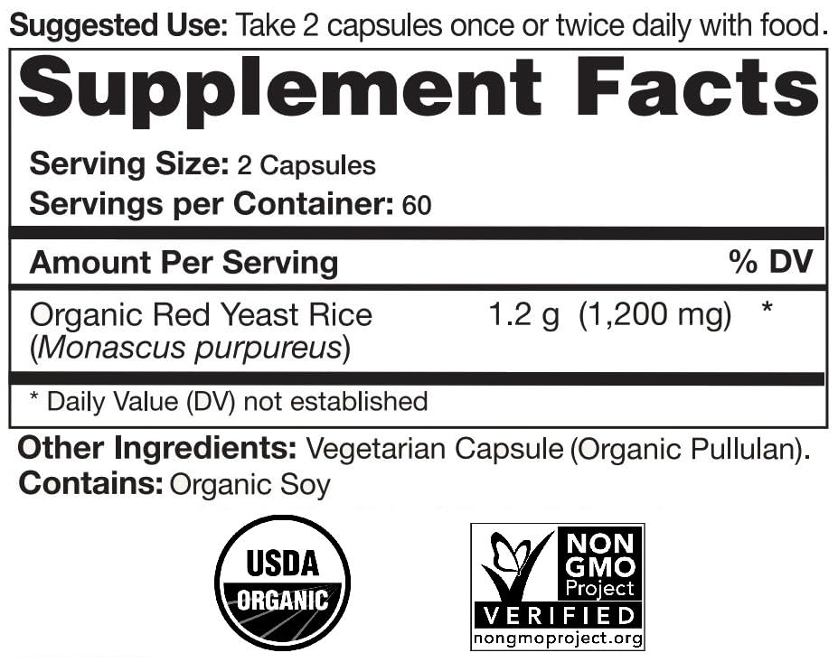 Natural Choice Botanicals Certified Organic Red Yeast Rice Supplement - 120 Capsules, 2 Month Supply