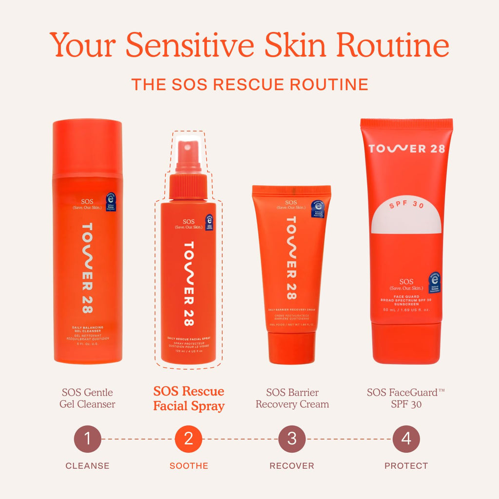 Tower 28 SOS Daily Rescue Facial Spray - Hypochlorous Acid Spray to Help Reduce Redness, Calm Irritation + Alleviate Flare-Ups - Soothing + Purifying Face Toner - Everyday Skin Care Essential (4 oz)