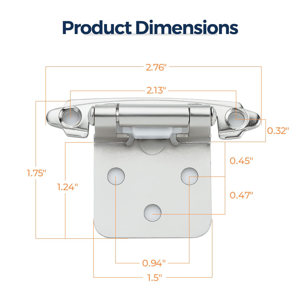 Home Expert 10 Pack (5 Pairs) Polished Chrome Cabinet Hinges for Kitchen Doors, Self-Closing, 1/2 Inch Overlay (Variable), Semi-Concealed Face Frame, Surface Mount Cabinet Hardware