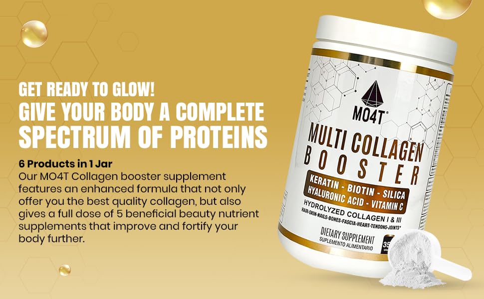 MO4T Multi Collagen Booster Powder – Extra Strength Collagen Supplement with Added Keratin, Biotin, Hyaluronic Acid, Vitamin C & Silica – Complete Doses of Extra Nutrients for Hair Nail & Skin–