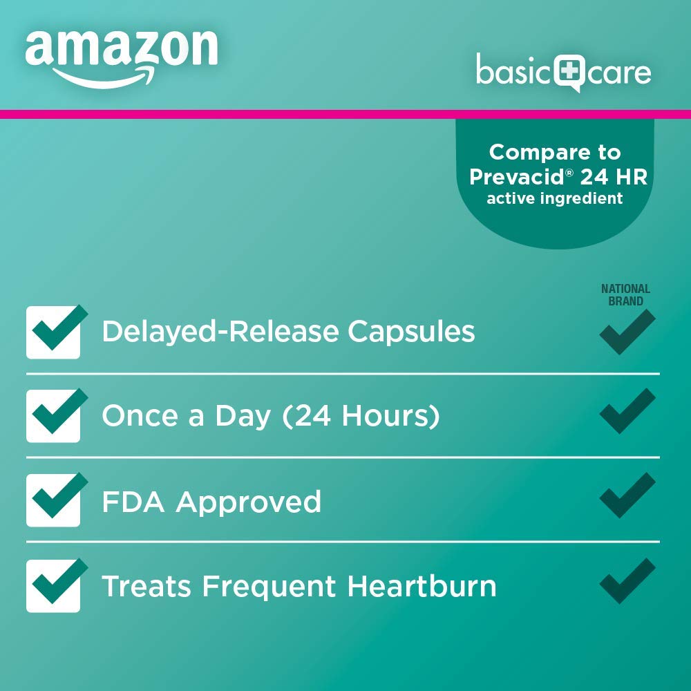 Amazon Basic Care Lansoprazole Delayed Release Capsules, 15 mg, Proton Pump Inhibitor, Treats Frequent Heartburn, 24 Hour Heartburn Medicine, 42 Count (Pack of 2)