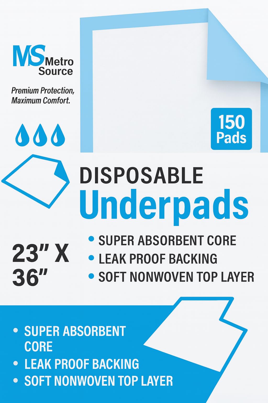 Metro Source Disposable Underpads, 23x36 inches, 150 Count, Highly Absorbent with Waterproof Backing, for Bed and Surface Protection Adults, Elderly and Baby