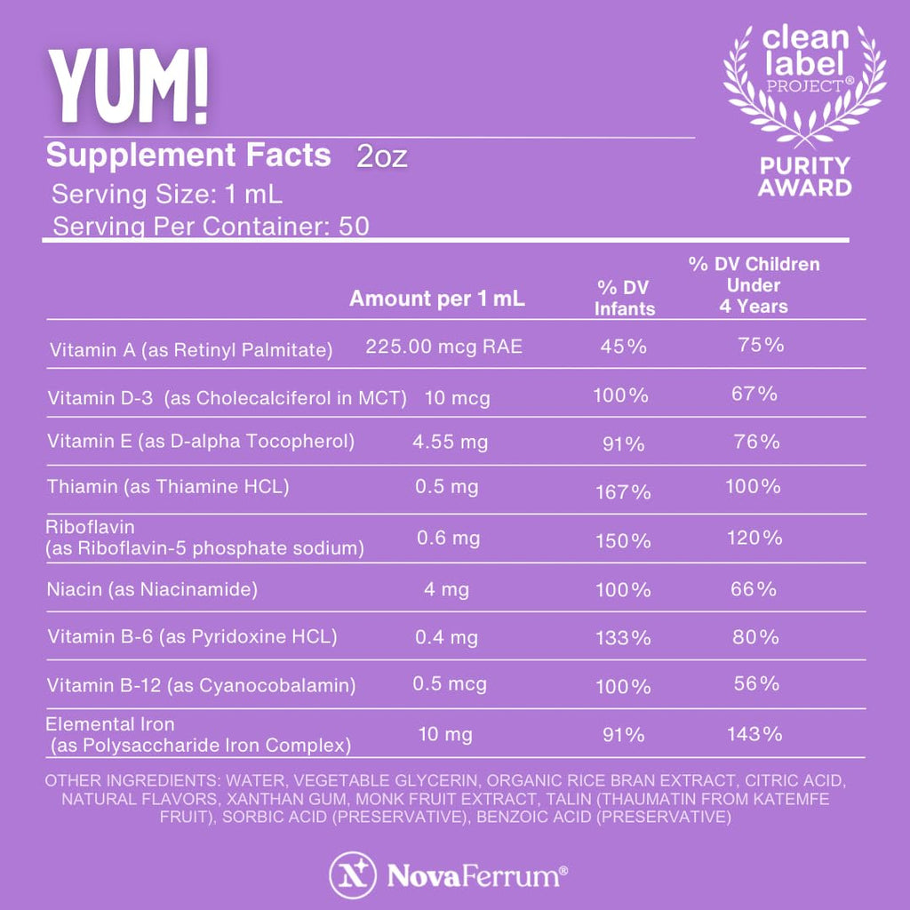 NovaFerrum Yum | Multivitamin with Iron for Infants, Toddlers & Kids Ages 4 & Under | Immune Support | Gluten Free Certified | Sugar Free | Raspberry Grape | 50 Servings