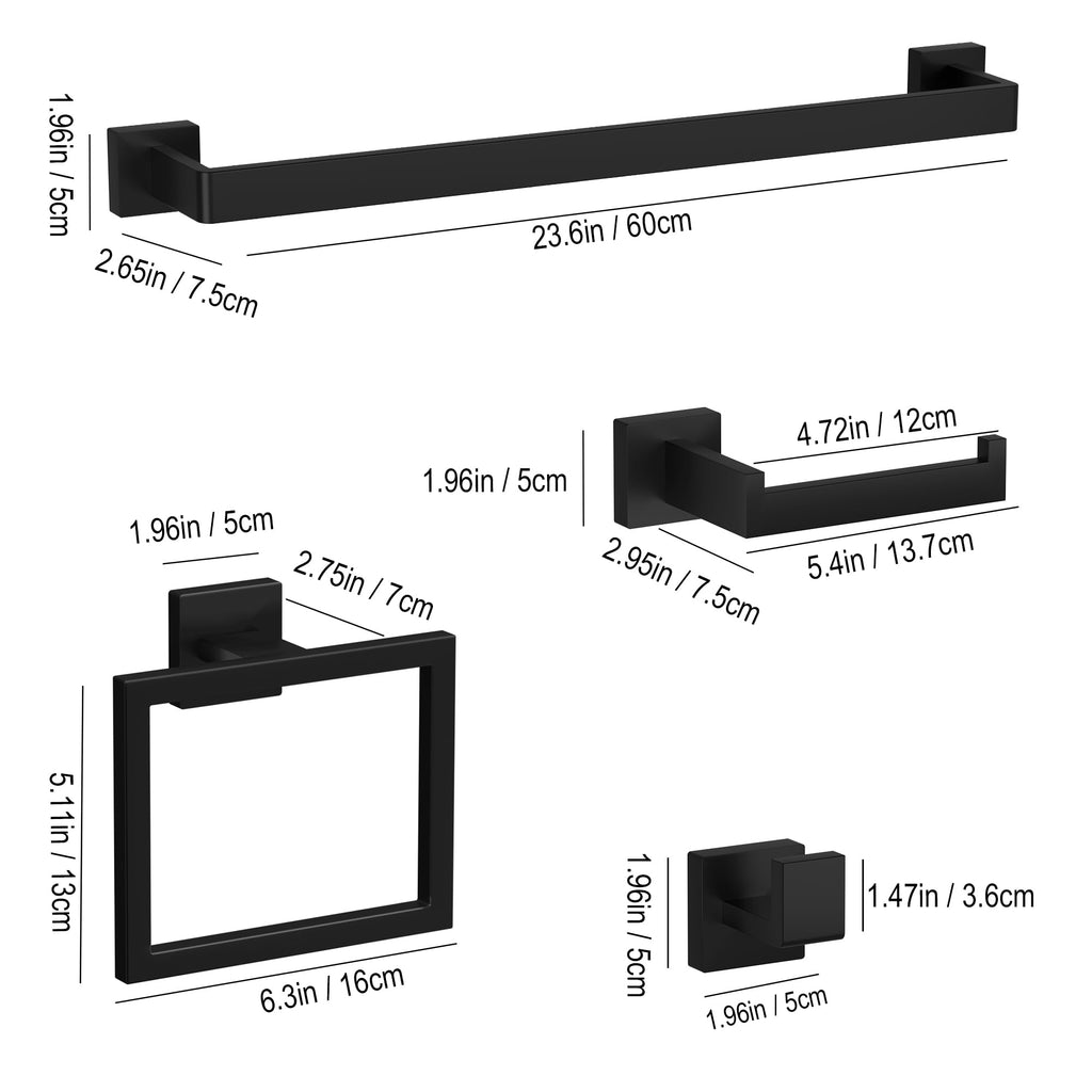 5-Pieces Matte Black Bathroom Accessories Set, 23.6 Inch Bath Towel Bar Set, SUS 304 Stainless Steel Bathroom Hardware Set, Towel Racks for Bathroom Wall Mounted.
