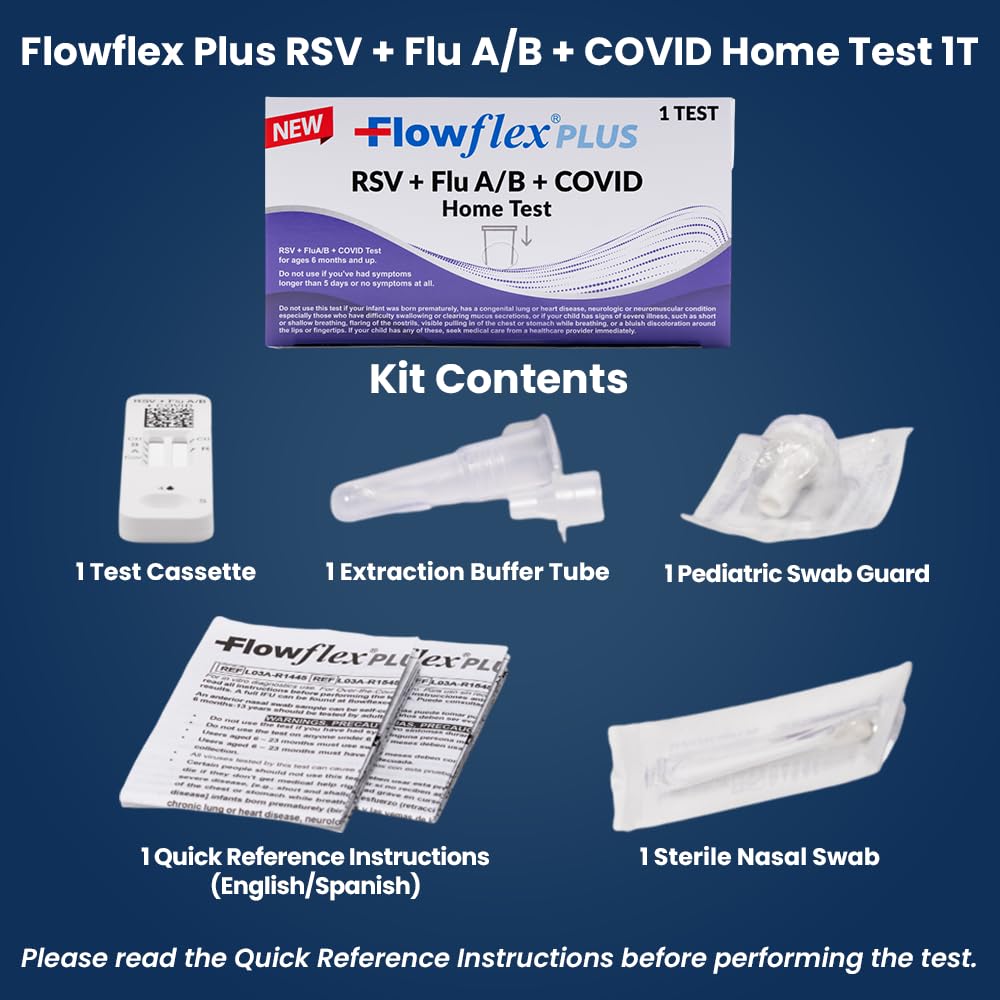 Flowflex Plus RSV + Flu A/B + COVID Home Test, 4-in-1 Home Test Kit, Rapid Results in 15 Minutes, OTC At-Home Antigen Test for Adults & Children (2 Tests)