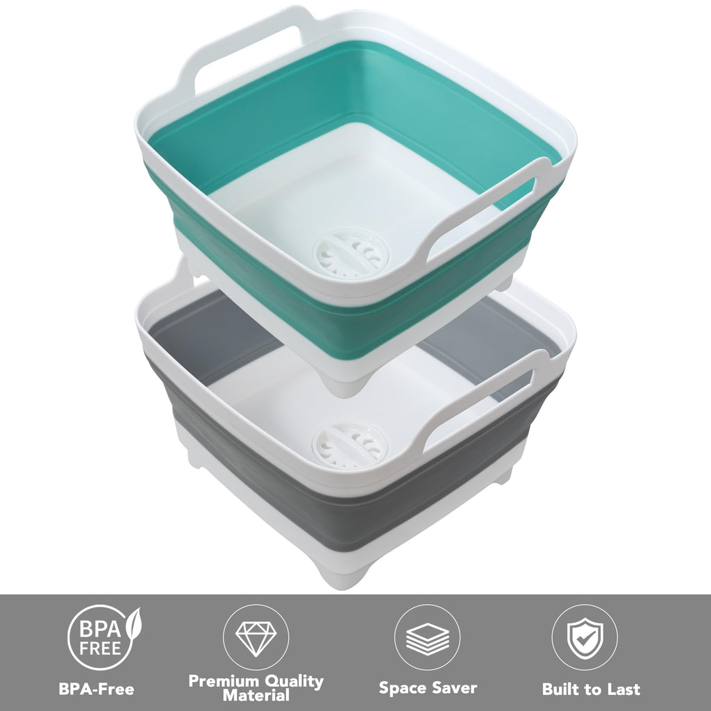 2 Pack Dishpan for Washing Dishes, 2.4Gal/9L Wash Basin with Draining Plug Carry Handles, Collapsible Bucket for Cleaning, Portable Sink, Foldable Plastic Tub